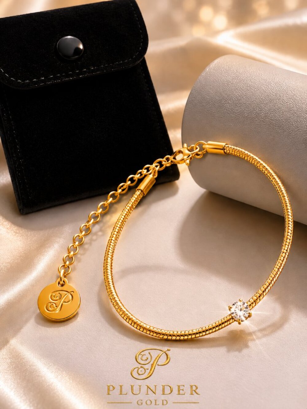 Plunder Gold Snake Chain Bracelet w/ Crystal Accent & signature Plunder charm